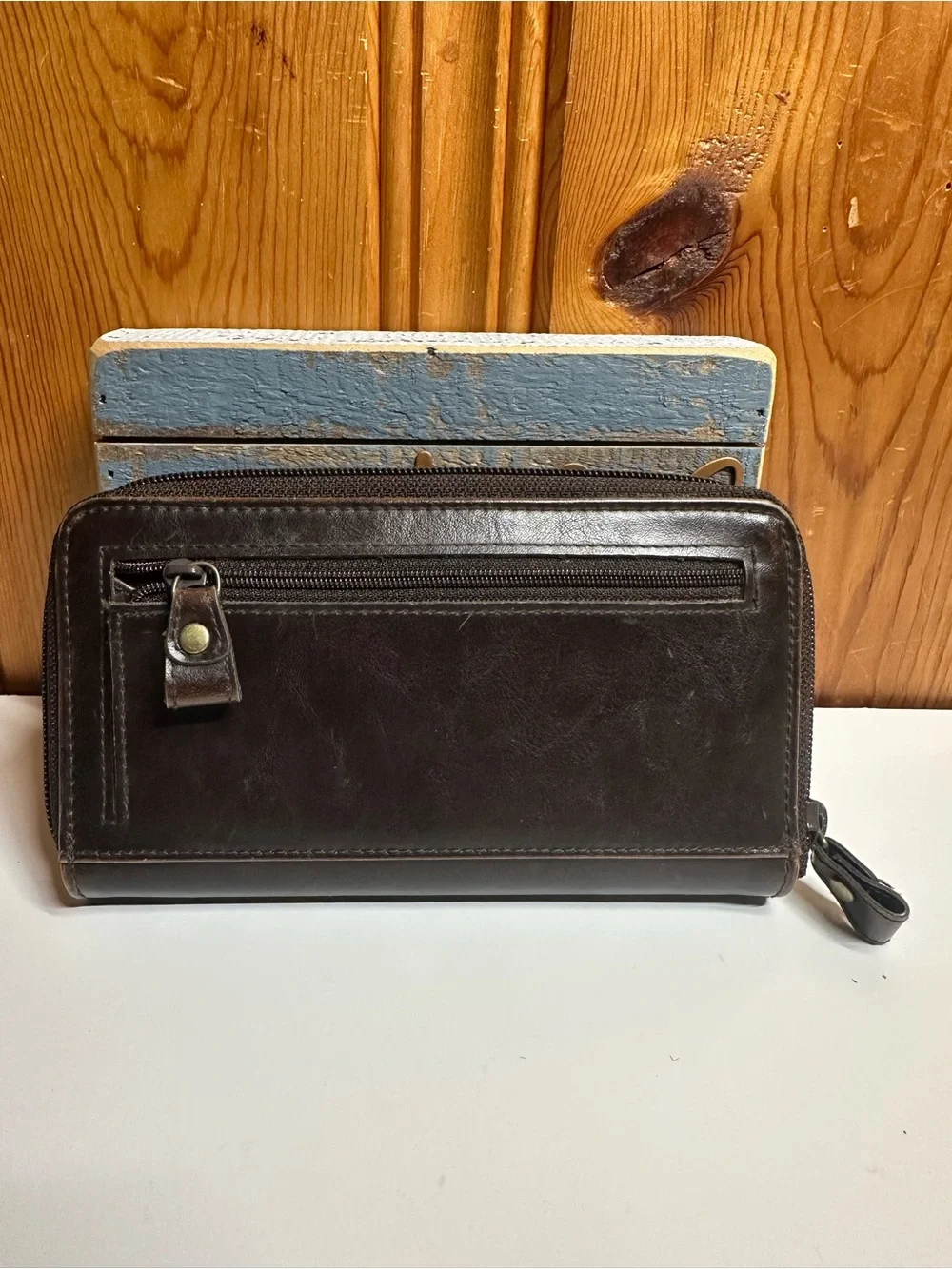 Liz Claiborne Dark Brown Leather Zip Wallet with Front Slip Pocket